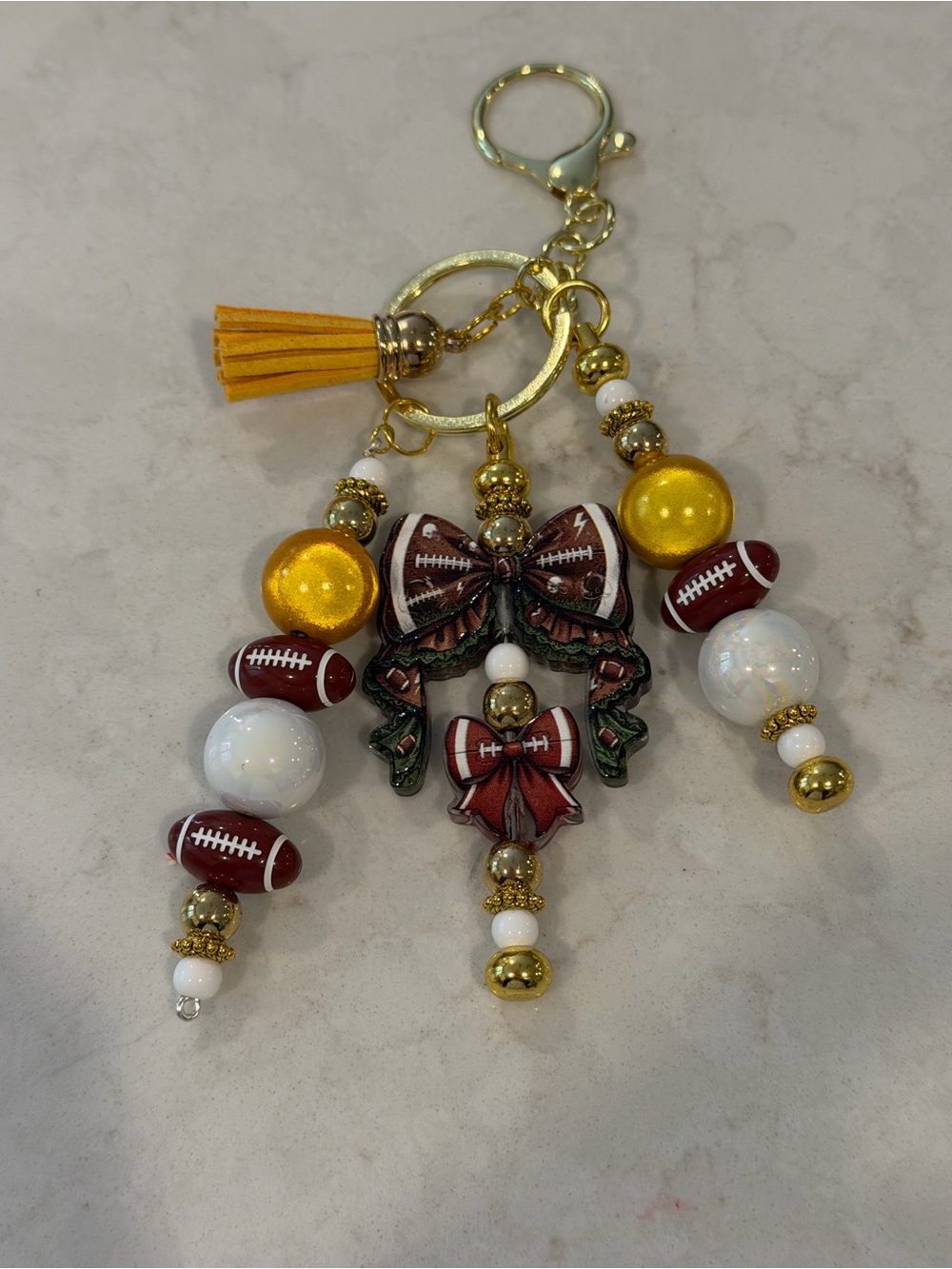 Gold Tassel Football Bow Keychain - Yellow, White, Brown